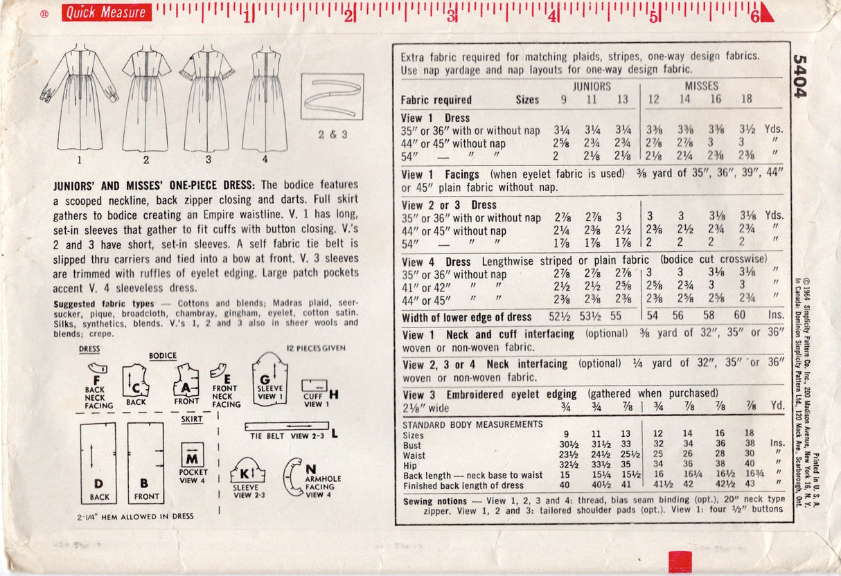 1960's Simplicity Empire Waist Baby Doll Dress Pattern - Bust 34" - No. 5404