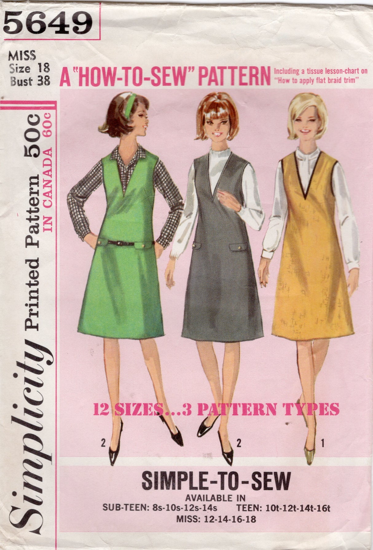 1960's Simplicity V-neck Jumper Dress Pattern - Bust 38" - No. 5649
