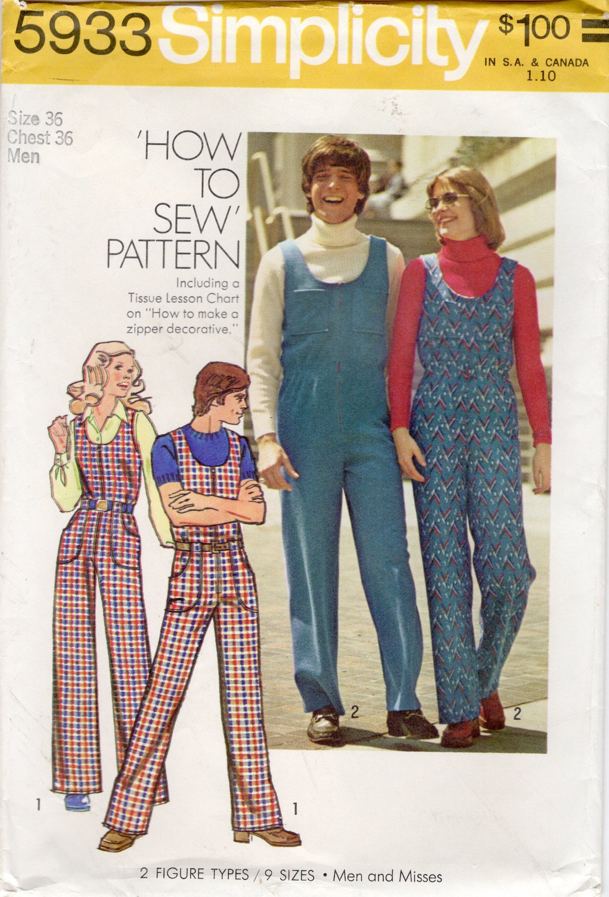 1970's Simplicity Zip Front Jumpsuit Pattern with Cinched Waist - Chest 36" - No. 5933