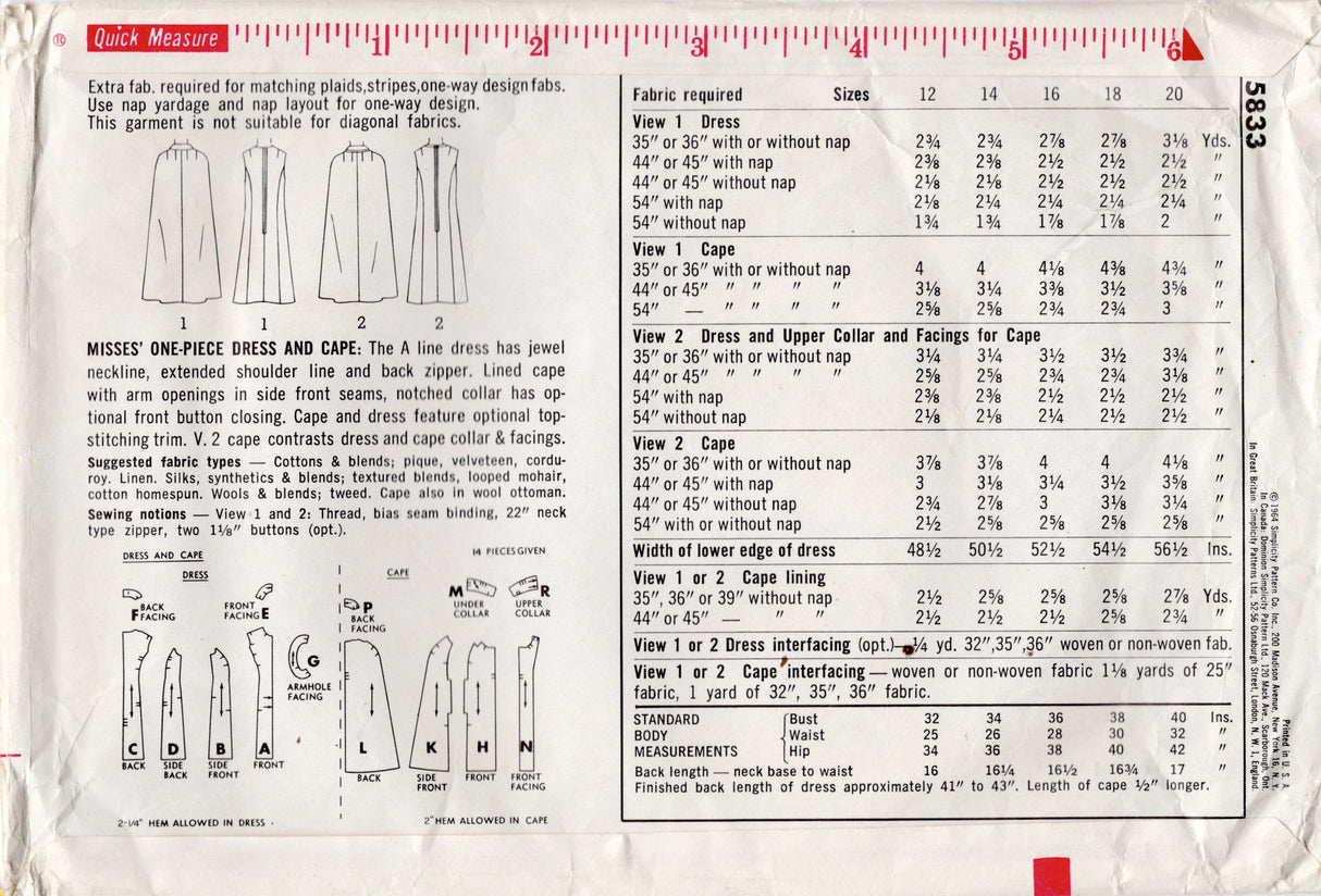 1960's Simplicity Princess Line Dress and Cape Pattern - Bust 32" - No. 5833