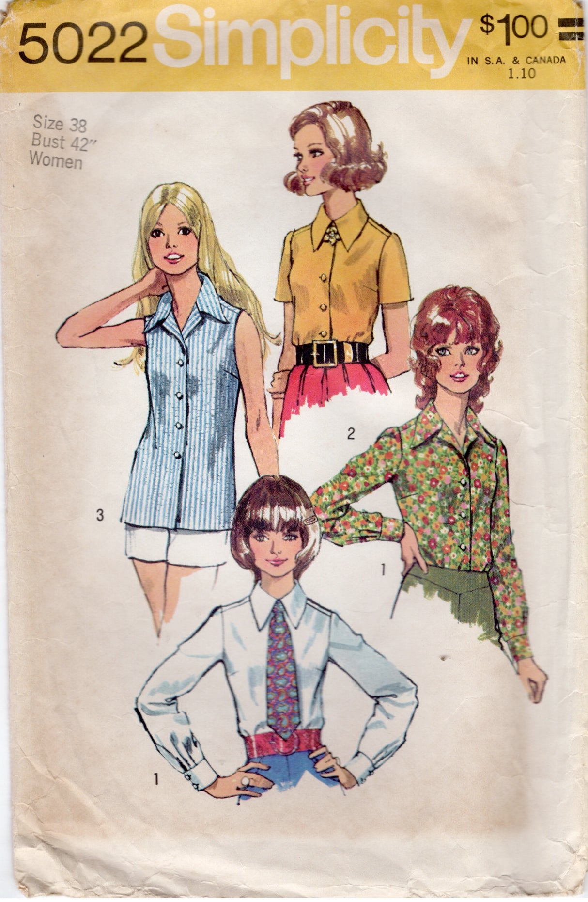 1970's Simplicity Button Up Blouse and Tie Pattern - Bust 42" - No. 5022
