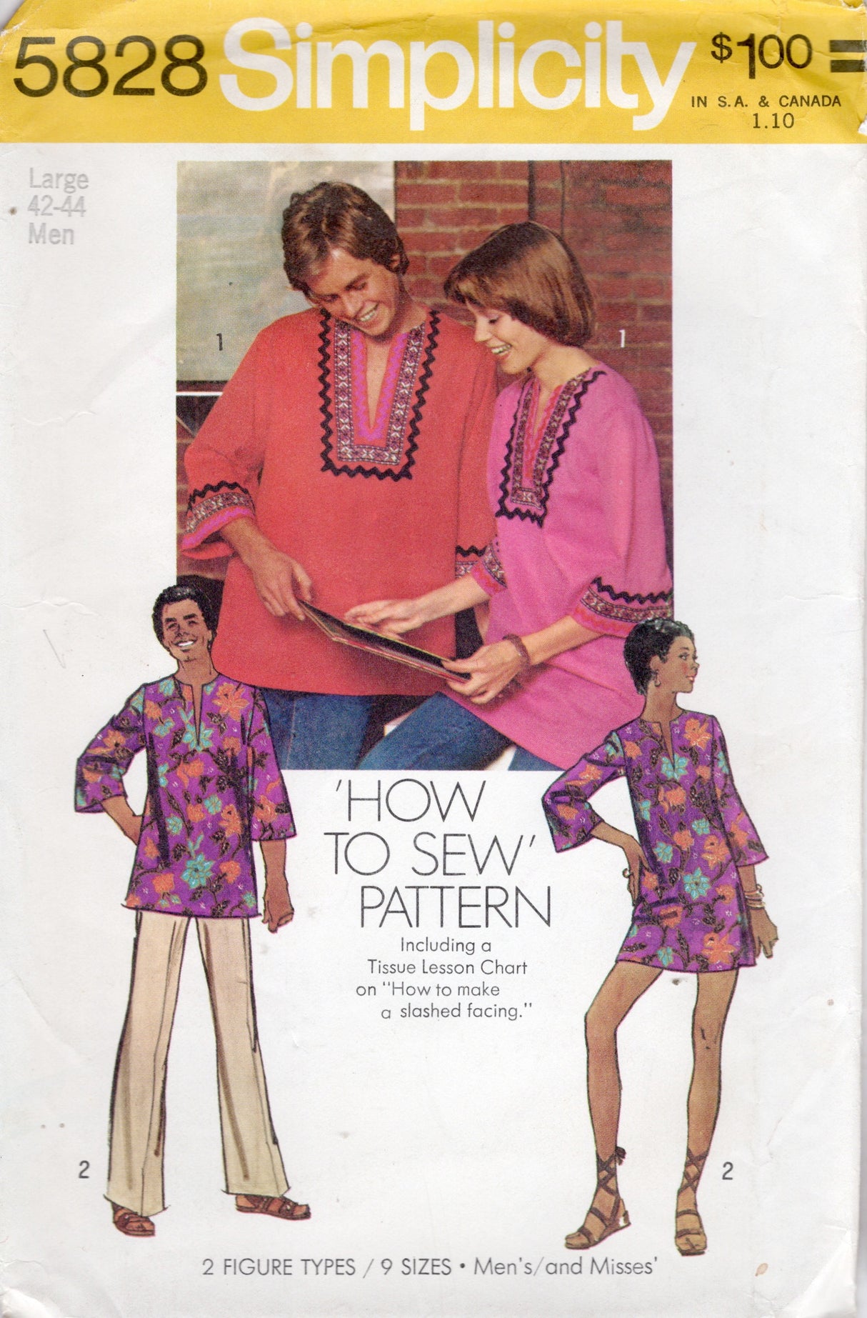 1970's Simplicity Dashiki Men's Shirt or Women's Short Dress Pattern - Chest 42-44" - No. 5828