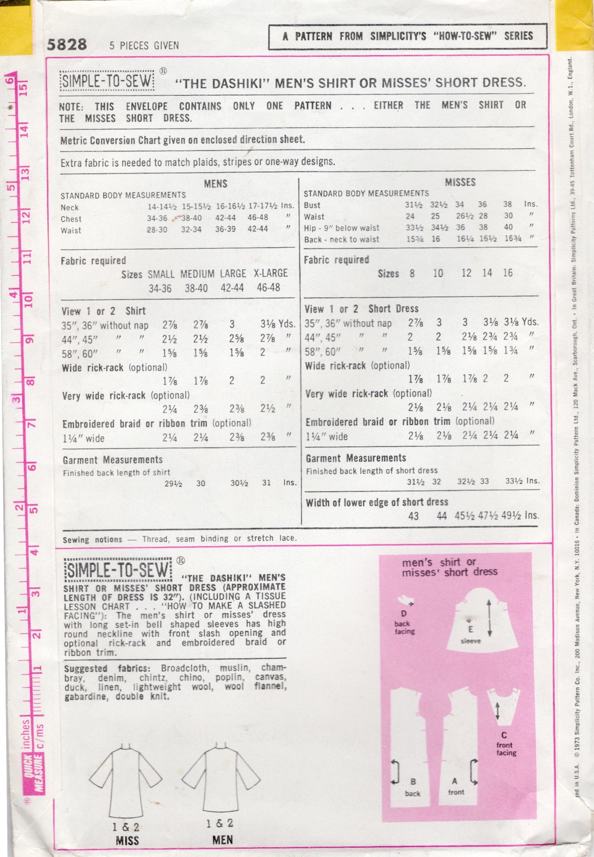 1970's Simplicity Dashiki Men's Shirt or Women's Short Dress Pattern - Chest 42-44" - No. 5828