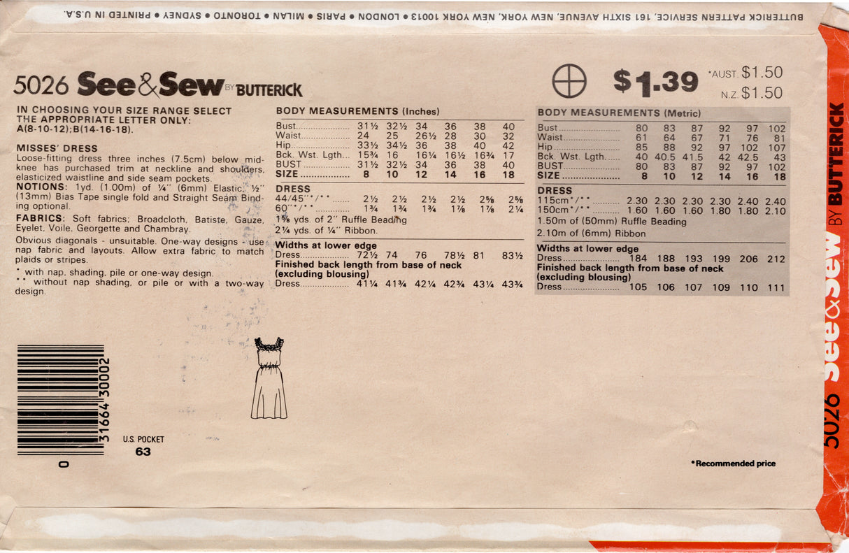 1980's See & Sew Loose-Fitting Gathered Waist Dress Pattern - Bust 36-40" - No. 5026
