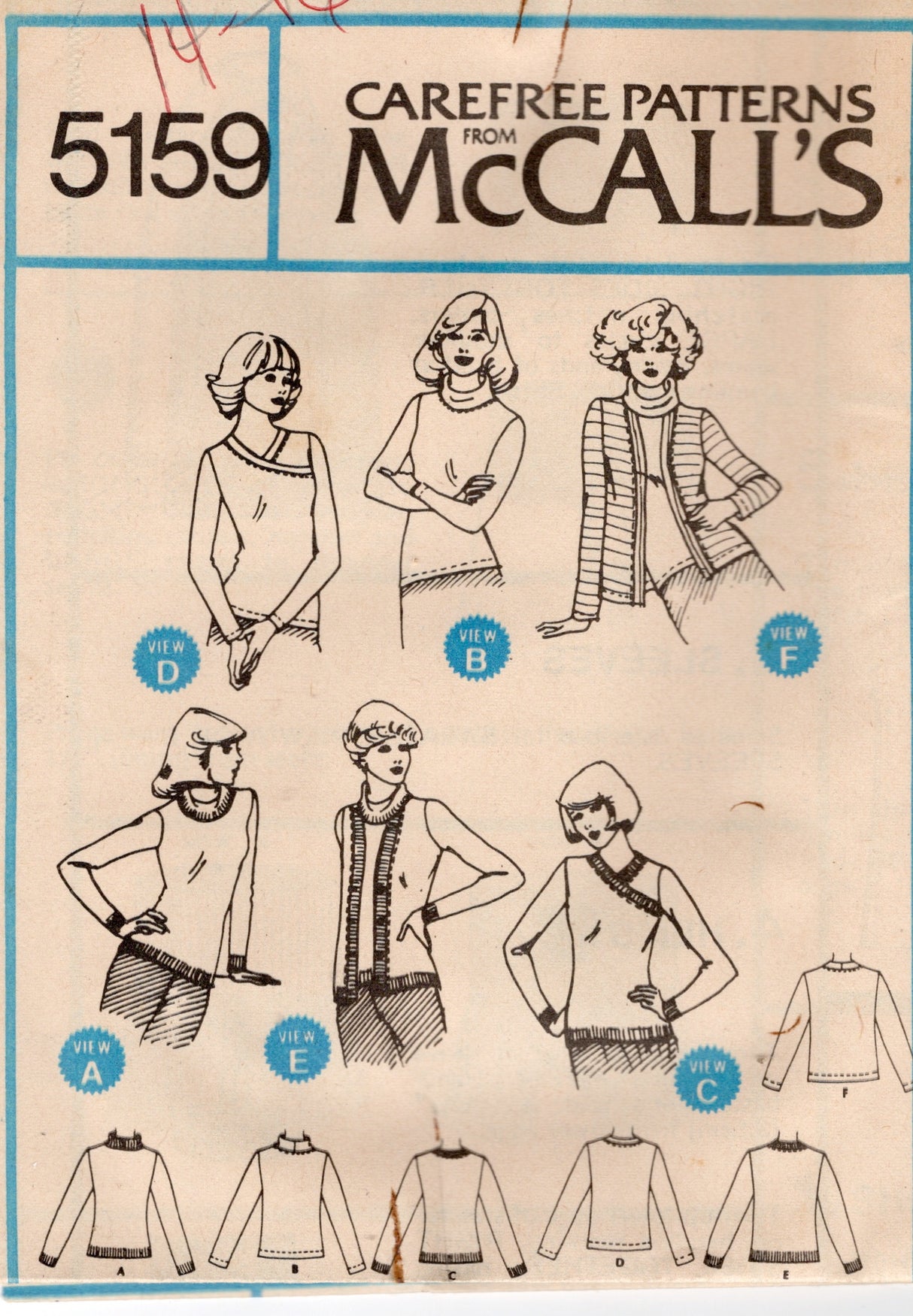 1970's McCall's Set of Long Sleeve Sweaters pattern - Bust 36-38" - No. 5159