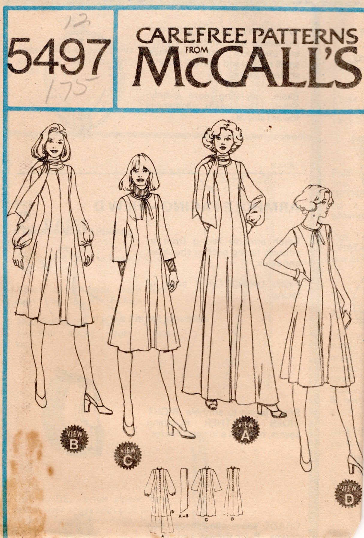1970's McCall's Princess line Dress and Scarf pattern - Bust 34-36" - No. 5497