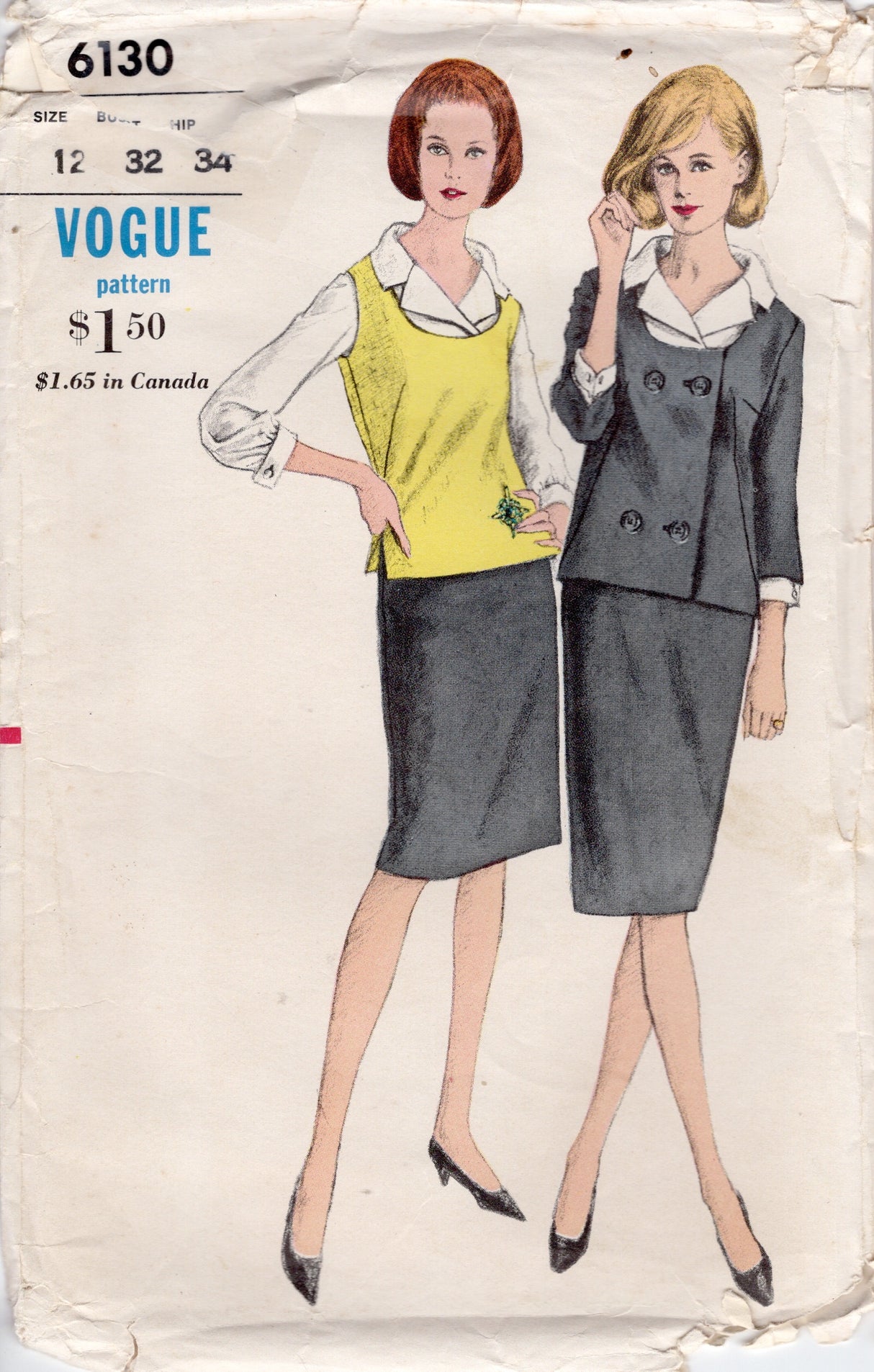 1960's Vogue Scoop Neck Suit and Blouse Pattern- Bust 32"- No. 6130