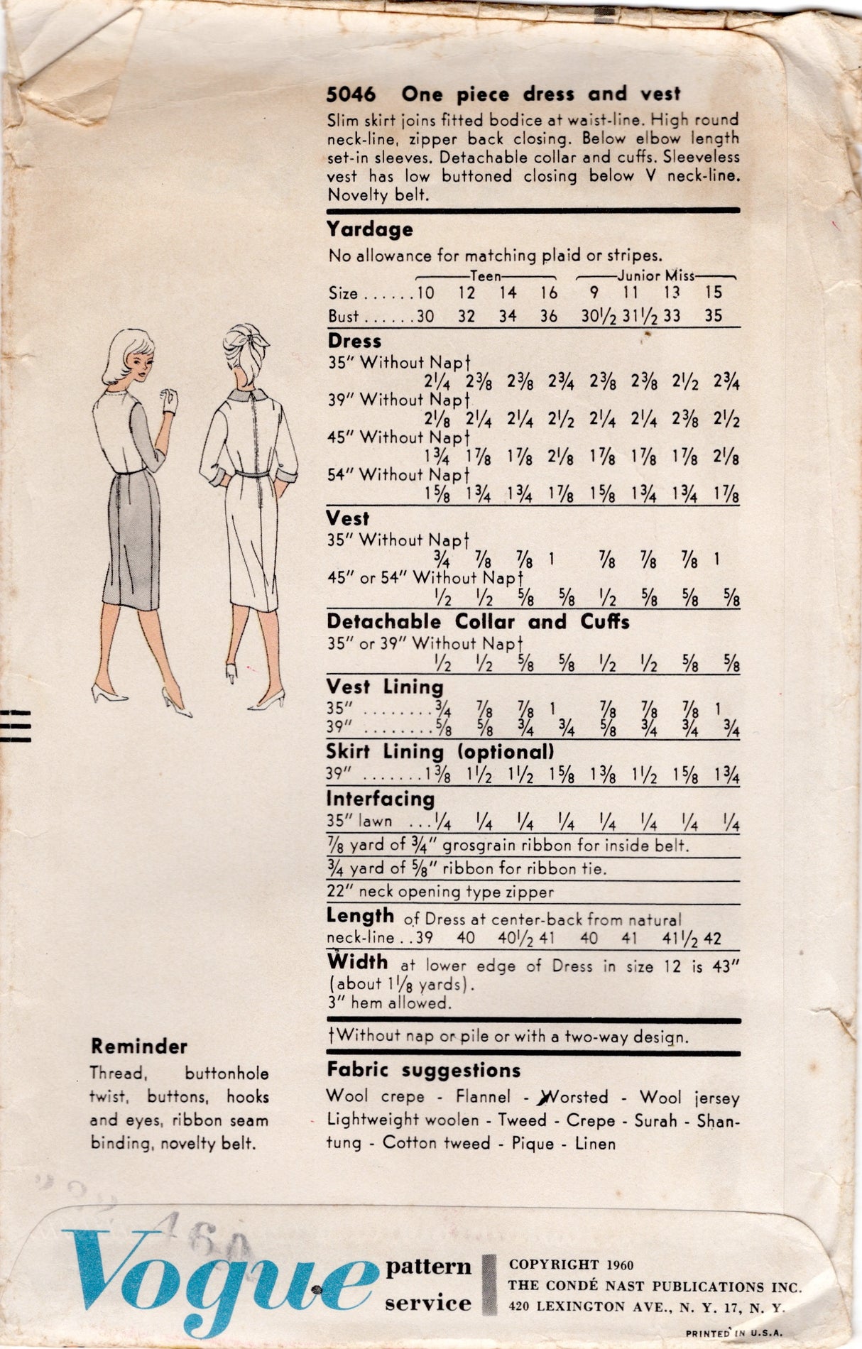 1960's Vogue Junior's Sheath Dress and Vest Pattern - Bust 31.5" - No. 5046