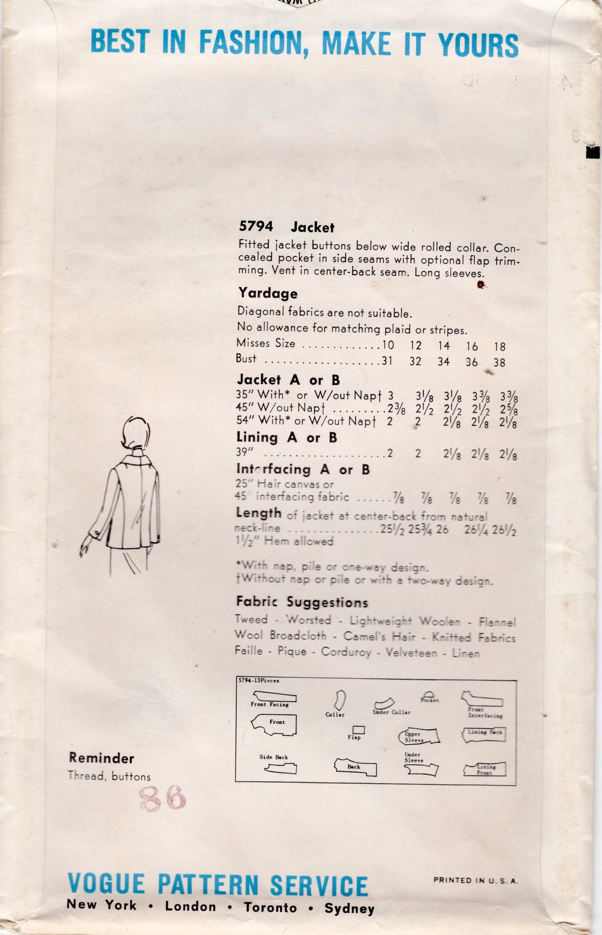 1960's Vogue Fitted Jacket Pattern – Bust 34" - No. 5794