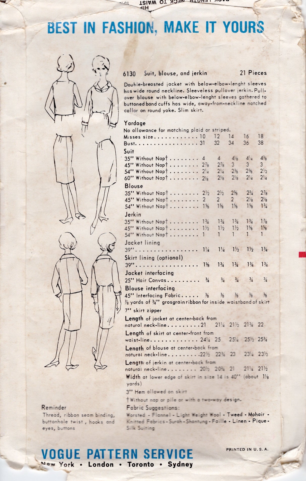 1960's Vogue Scoop Neck Suit and Blouse Pattern- Bust 32"- No. 6130