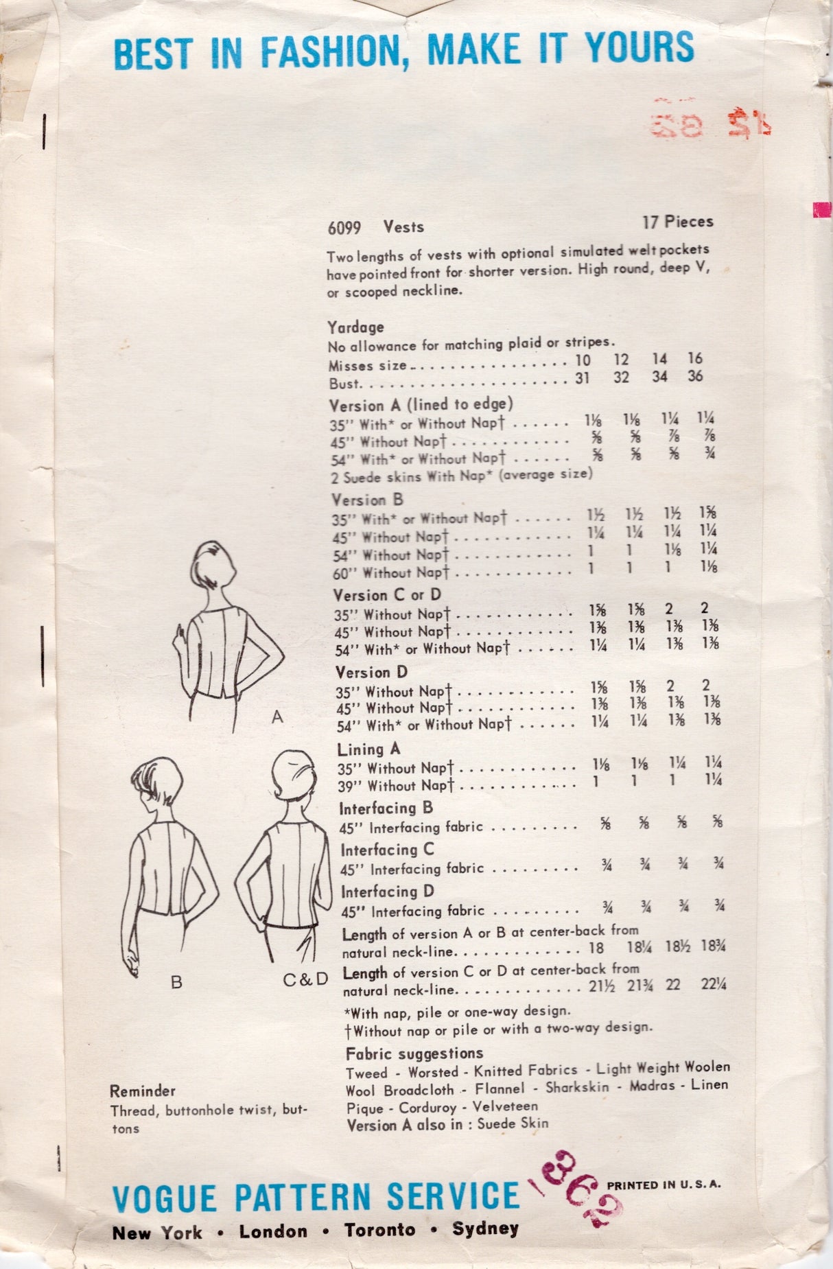1960's Vogue Vests pattern - Bust 32" - No. 6099