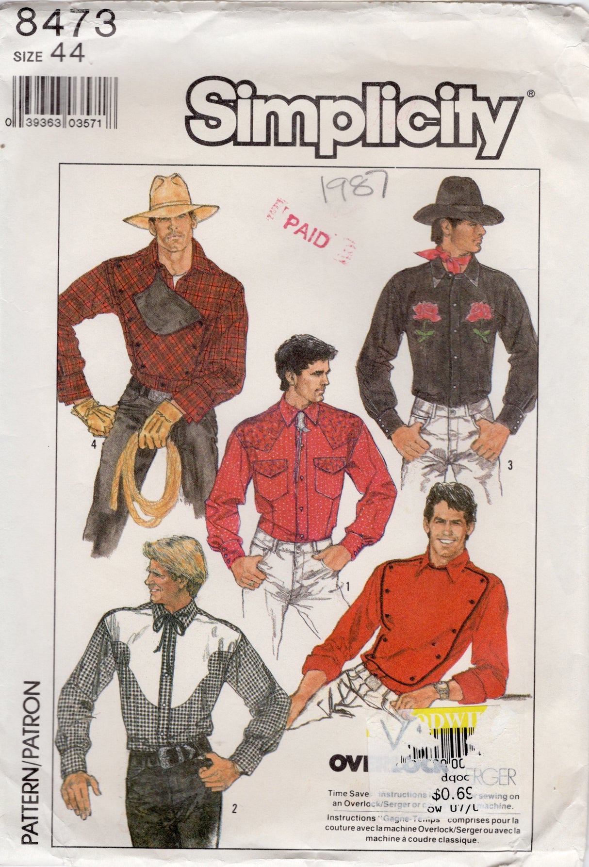 1980's Simplicity Men's Western Style Button Up Shirt Pattern - Chest 44" - No. 8473