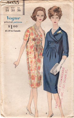 1960's Vogue Surplice Buttoned Maternity Dress Pattern with Short or 3/4 sleeves - Bust 34
