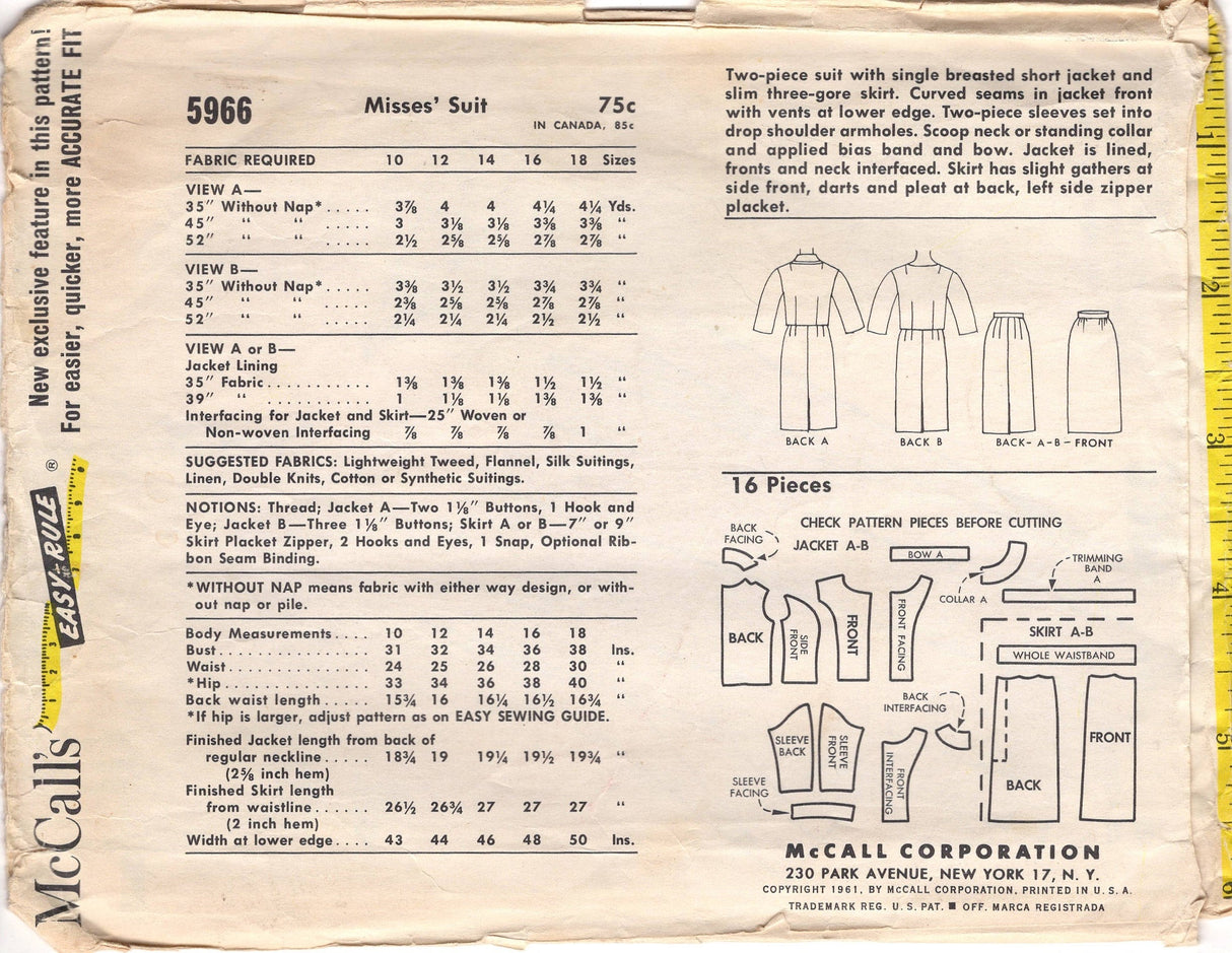 1960's McCall's Two-Piece Skirt Suit with Princess Line Jacket and Jewel Neckline or Rolled Collar - Bust 32" - No. 5966