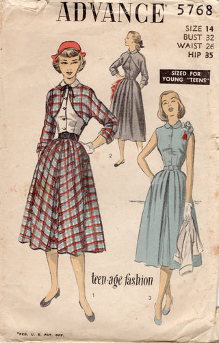1950's Advance Shirtwaist Dress Pattern with Softly pleated skirt and Bolero Jacket - Bust 32