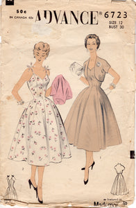 1950's Advance Princess Line Thin Strap Summer Dress and Bolero Jacket pattern - Bust 30" - No. 6723