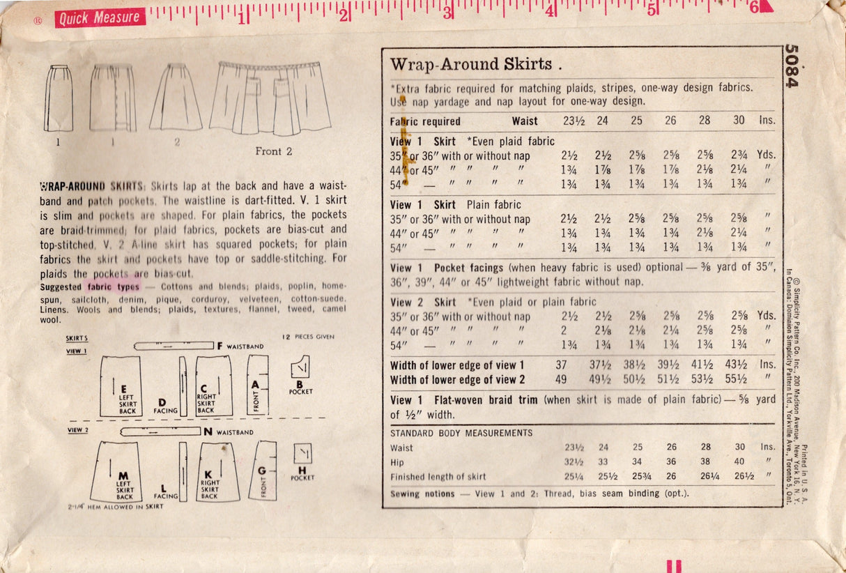 1960's Vogue A-line or Slim Wrap Skirt Pattern with Pockets - Waist 26" - No. 5084