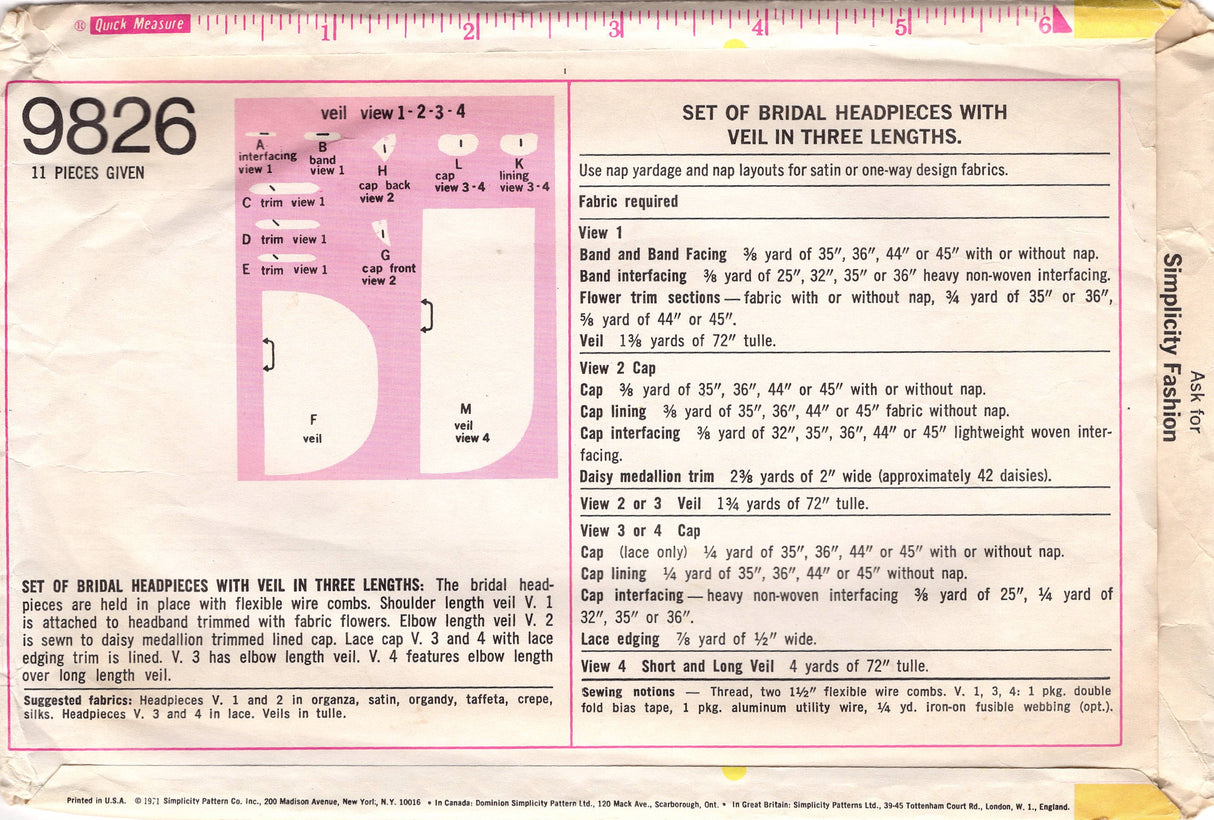 1970's Simplicity Veil and Juliet Cap Pattern - OS- No. 9826