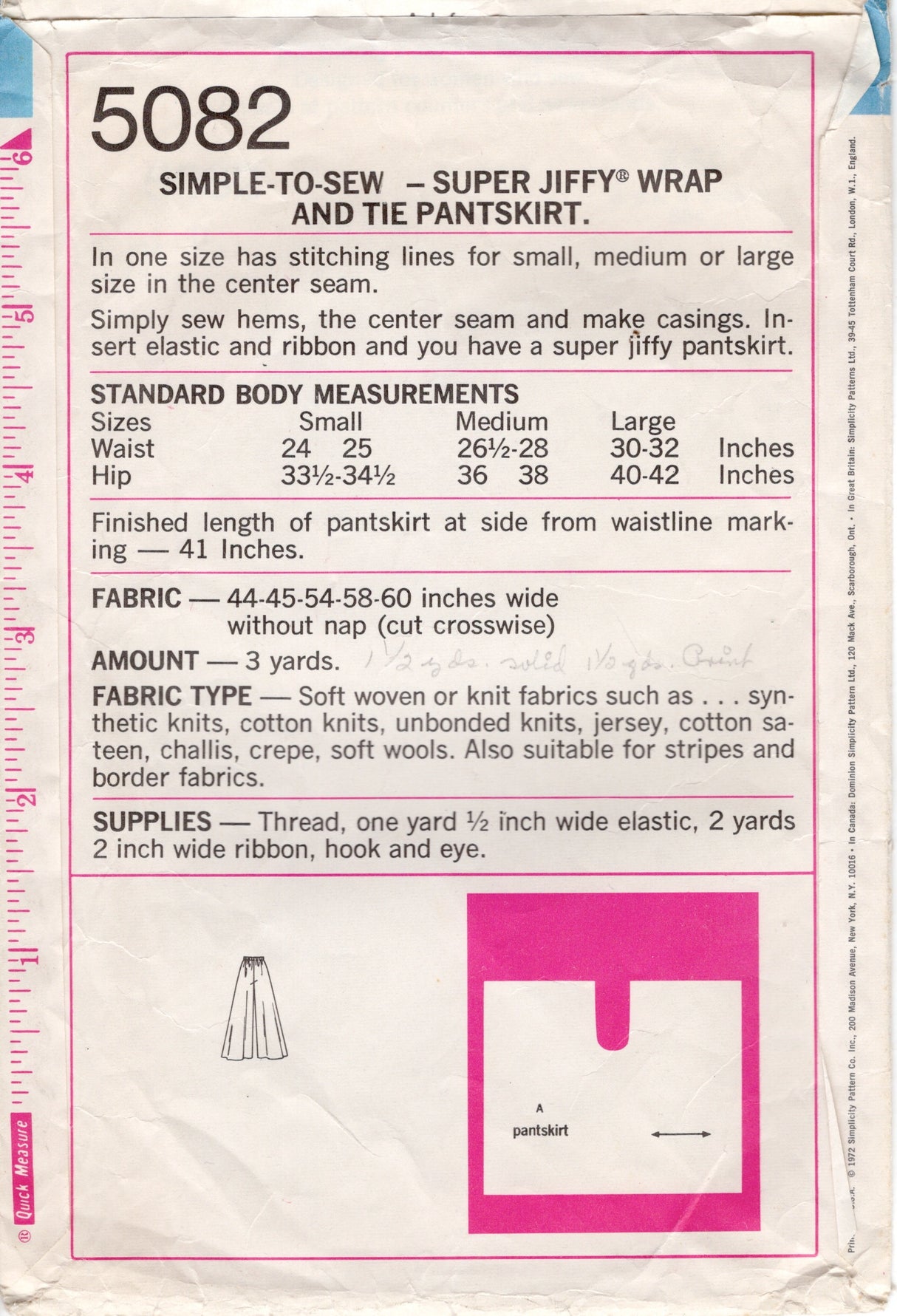 1970's Simplicity Wrap Pants Pattern - Waist 24-32" - No. 5082