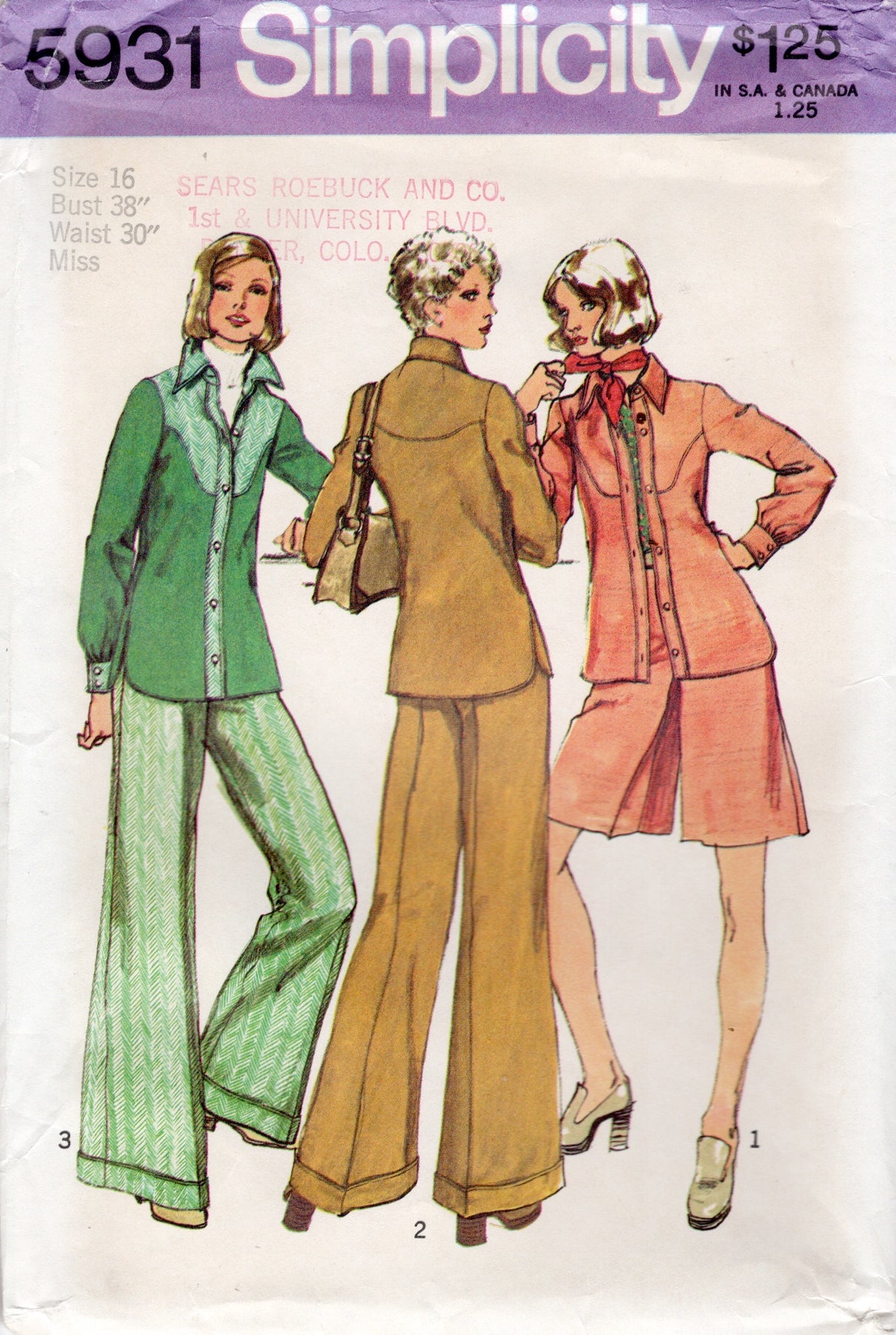 1970's Simplicity Unlined Shirt-Jacket, Pants and Short Pants-Skirt Pattern - Bust 38" - No. 5931