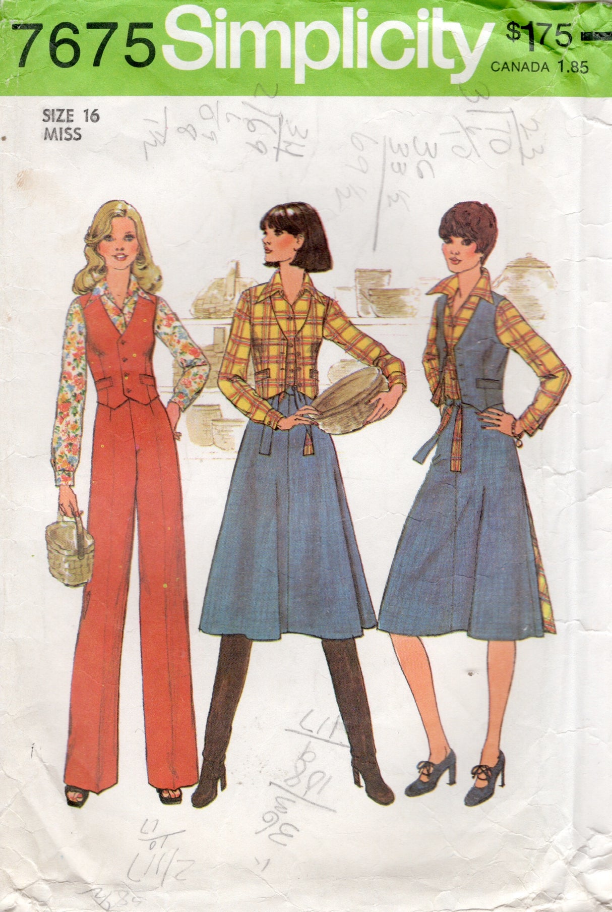 1970's Simplicity Button Up Shirt, Pants, Reversible Vest and Back Wrap Skirt Pattern - Bust 38" - No. 7675