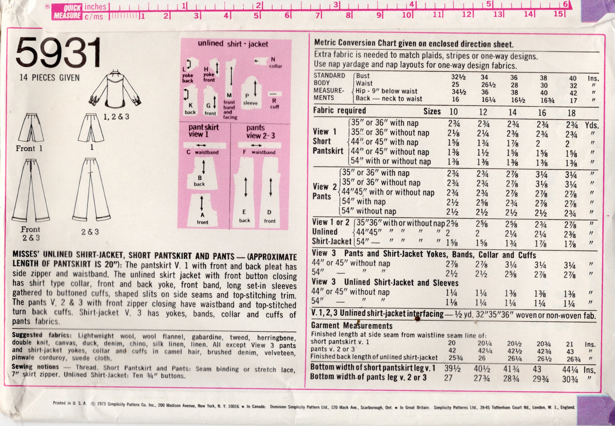 1970's Simplicity Unlined Shirt-Jacket, Pants and Short Pants-Skirt Pattern - Bust 38" - No. 5931