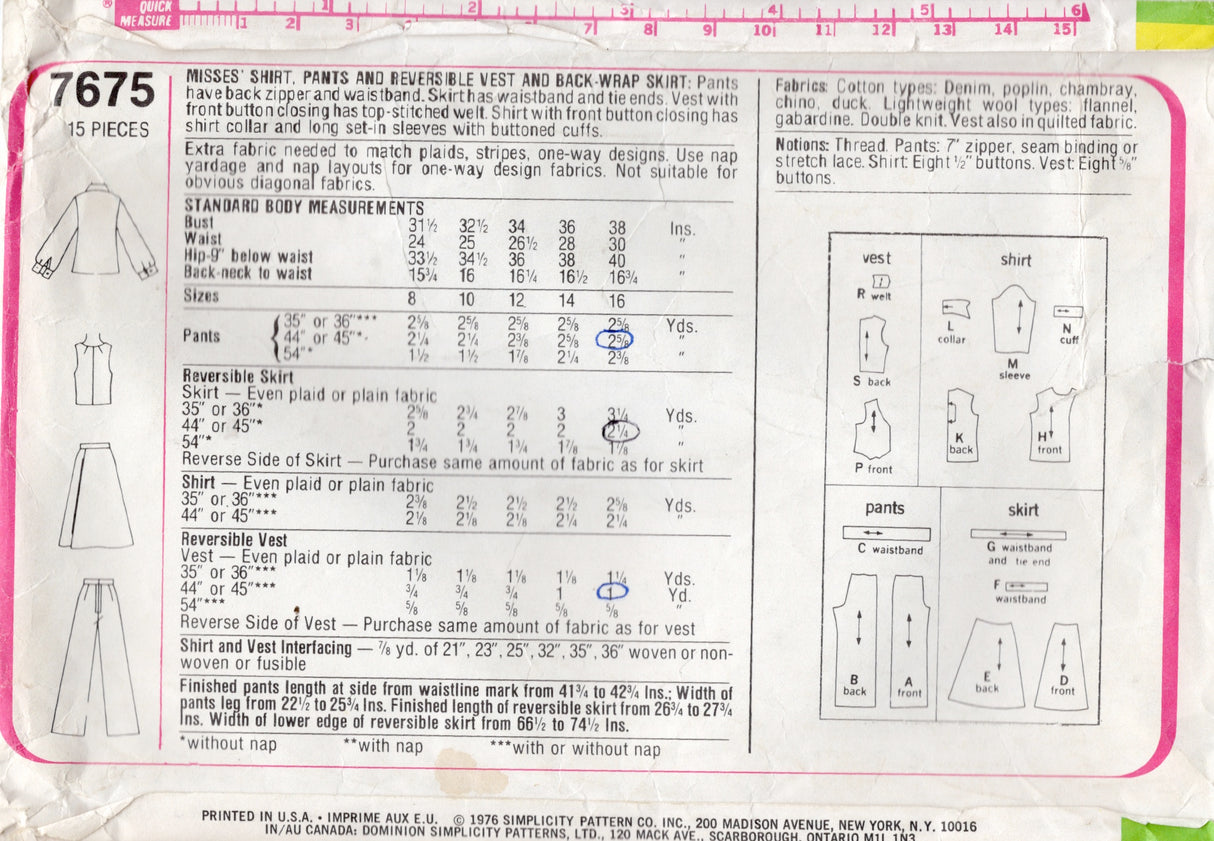 1970's Simplicity Button Up Shirt, Pants, Reversible Vest and Back Wrap Skirt Pattern - Bust 38" - No. 7675