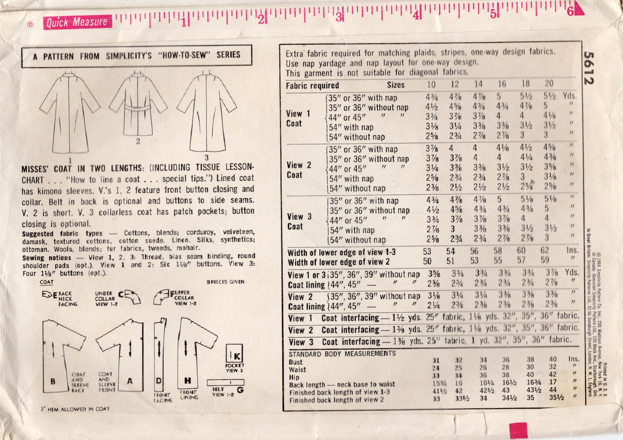 1960's Simplicity Coat Pattern in Two Lengths - Bust 38" - No. 5612