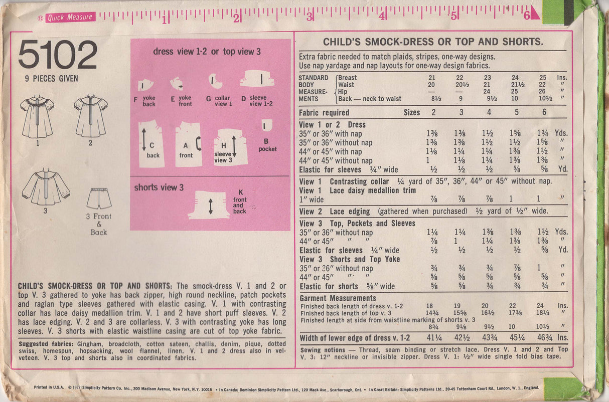 1970's Simplicity Child’s Yoked Smock-Dress and Shorts Pattern - Chest 24" - No. 5102