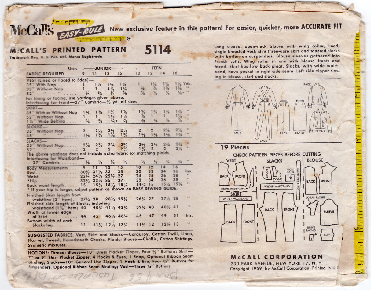 1950's McCall's Button-up Blouse, Vest, Suspendered Cigarette Pants and Straight Skirt Pattern- Bust 34" - No. 5114