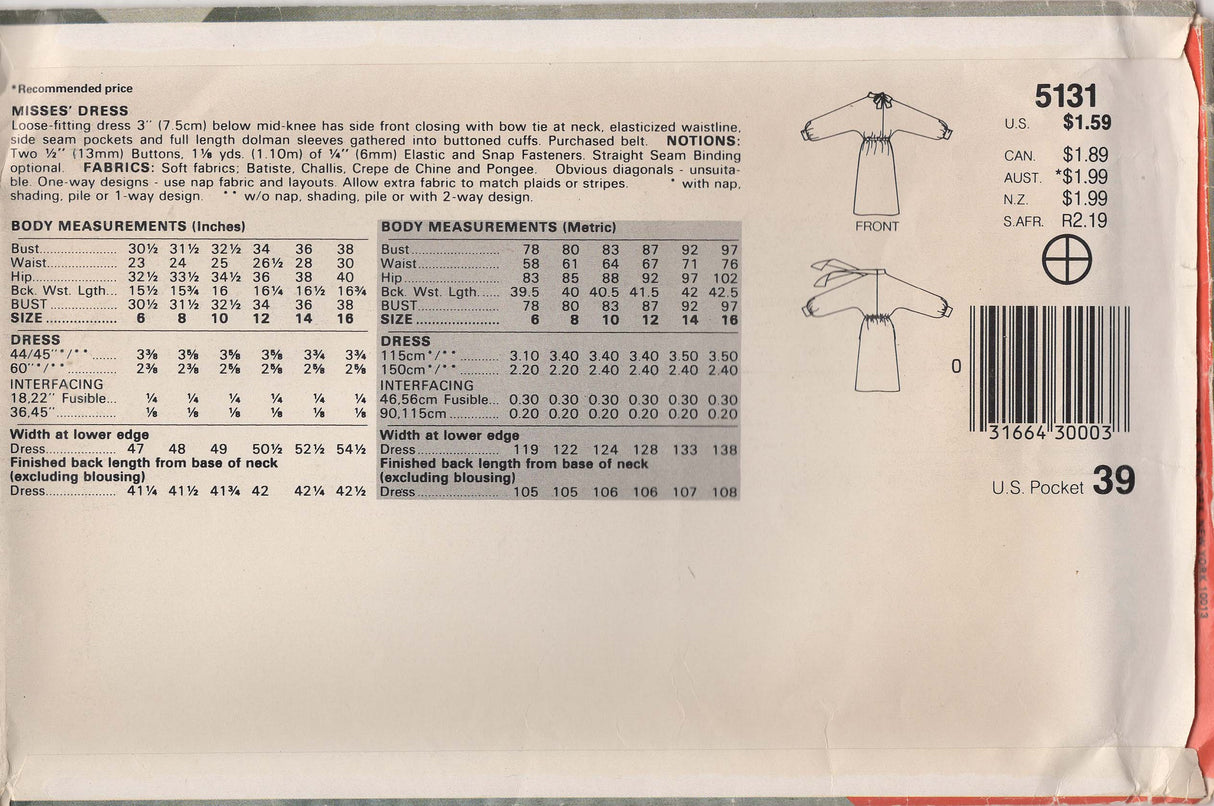 1980's See & Sew Butterick Dolman Sleeve Dress Pattern with Pussy Bow - Bust 34-38" - No. 5131
