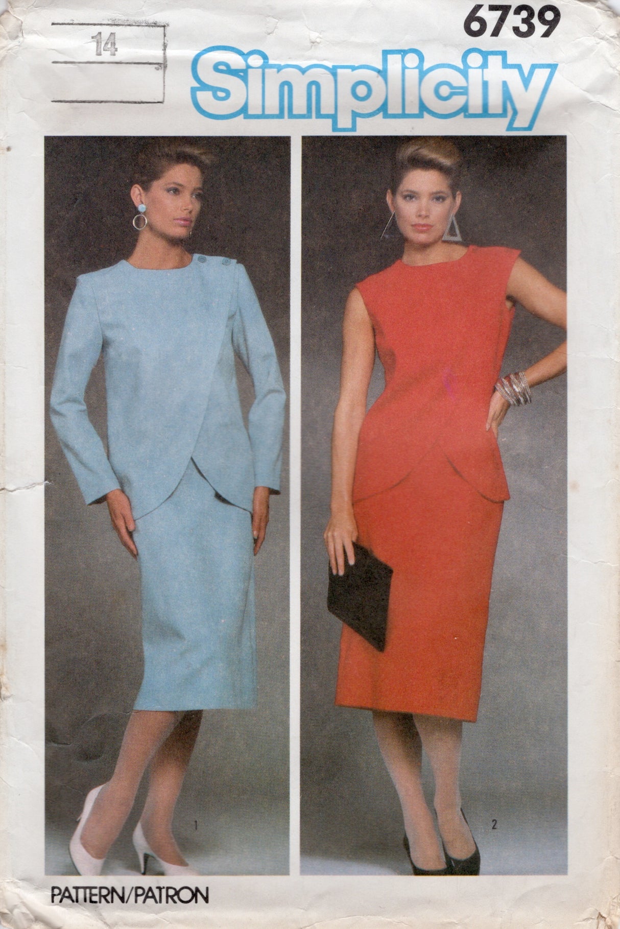 1980's Simplicity Two Piece Dress Pattern with Asymmetrical Wrap Jacket - Bust 36" - No. 6739