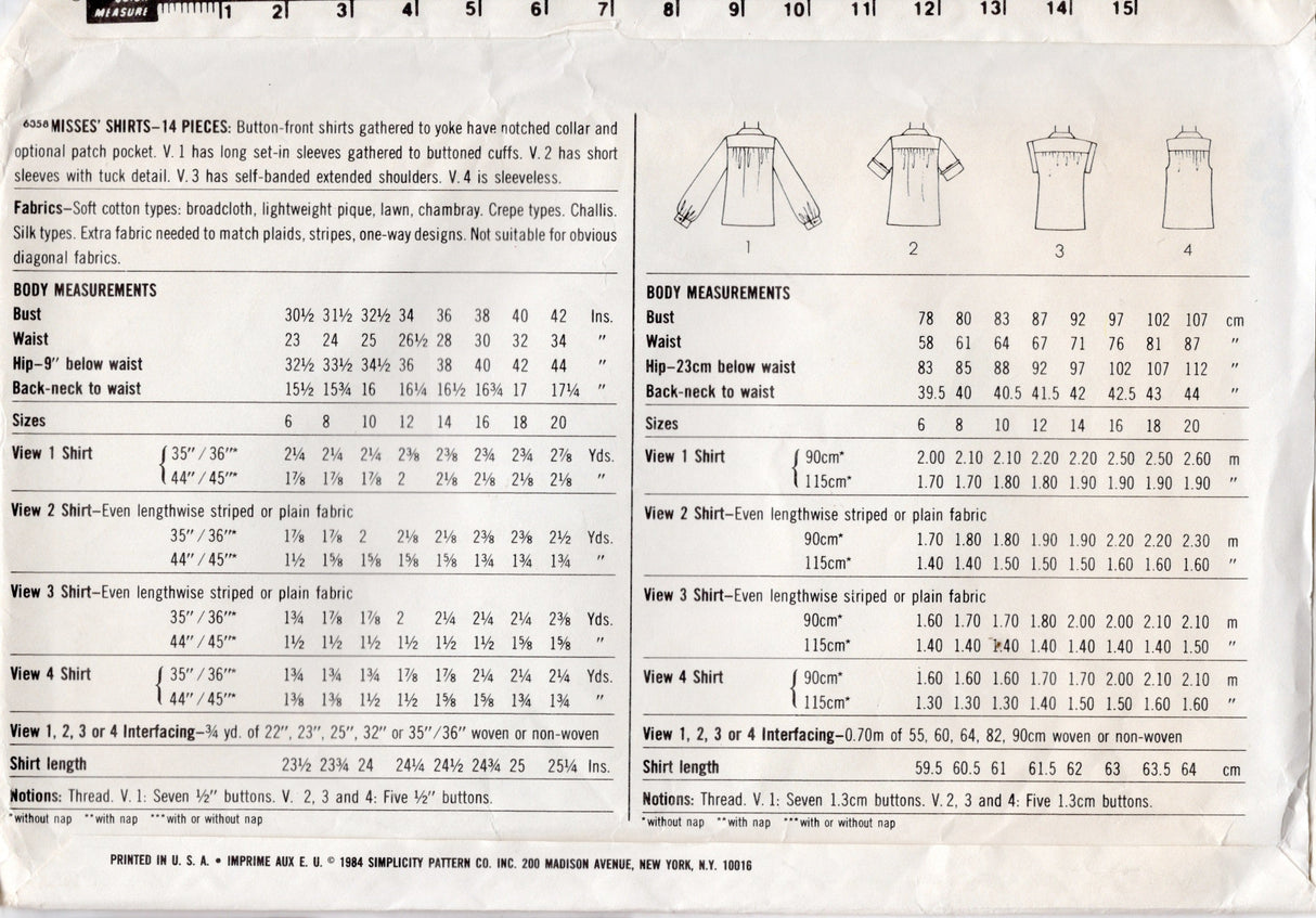 1980's Simplicity Button Up Shirt Pattern - Bust 36" - No. 6358