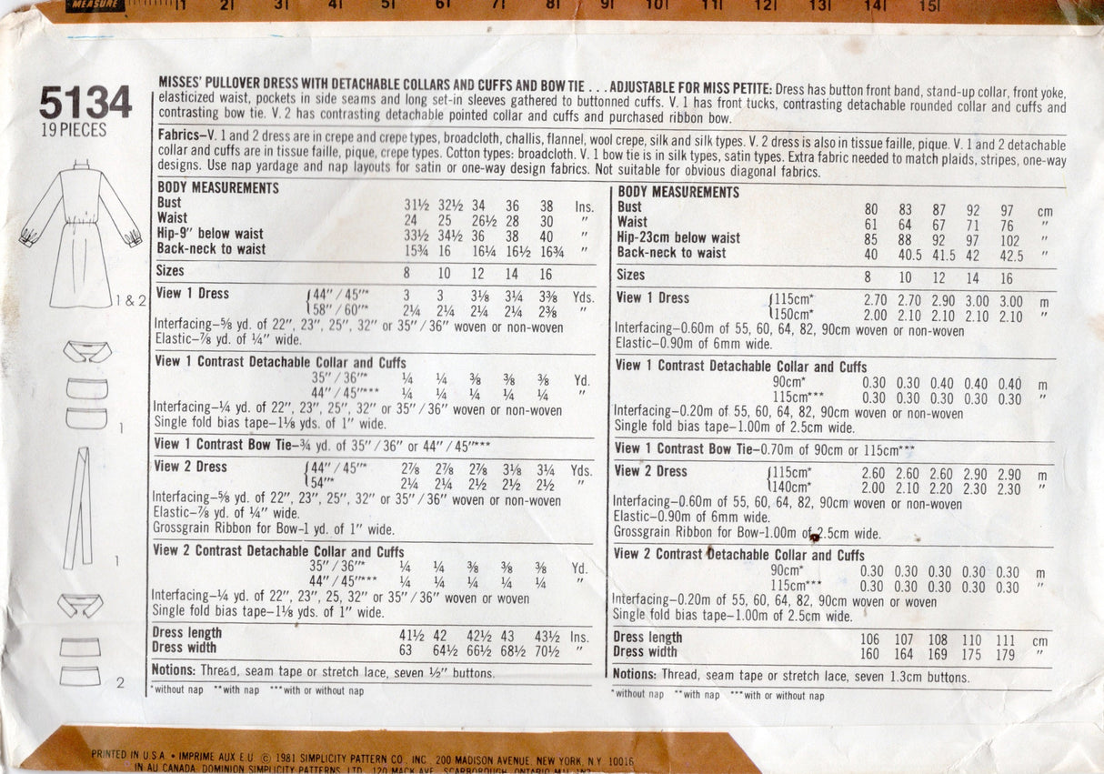 1980's Simplicity Shirtwaist Dress with Detachable Collar, Cuffs and Tie Pattern – Bust 36" - No. 642