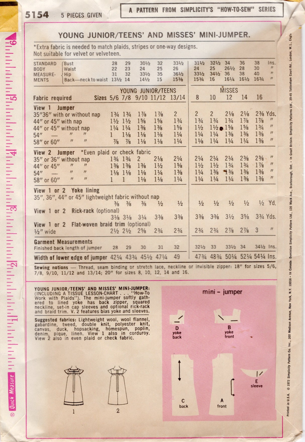 1970's Simplicity Mini-Jumper Dress Pattern - Bust 36" - No. 5154