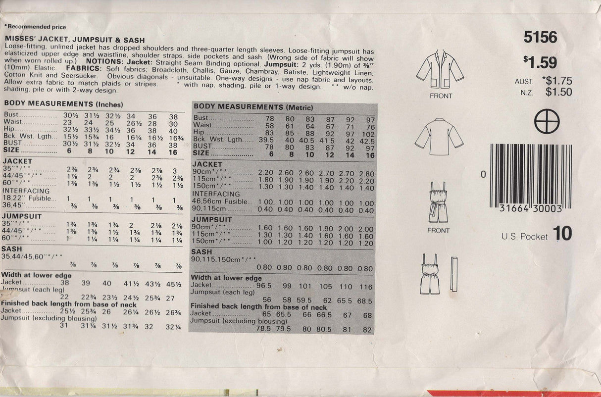 1980's See & Sew Butterick Playsuit and Jacket - Bust 34-38" - No. 5156