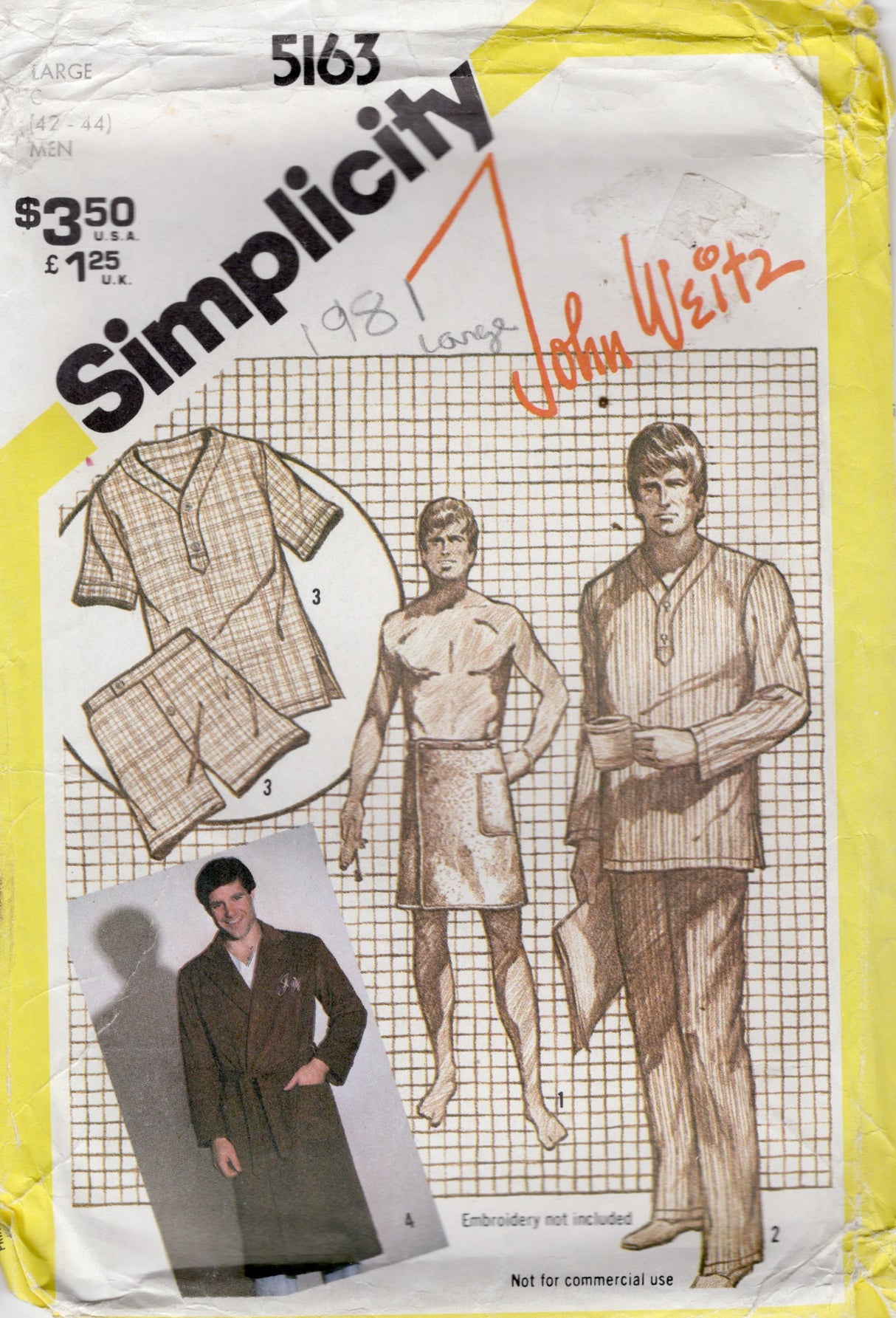 1980's Simplicity John Weitz Two Piece Pajama, Front Wrap Robe and Towel Wrap Around Pattern - Chest 42-44" - No. 5163