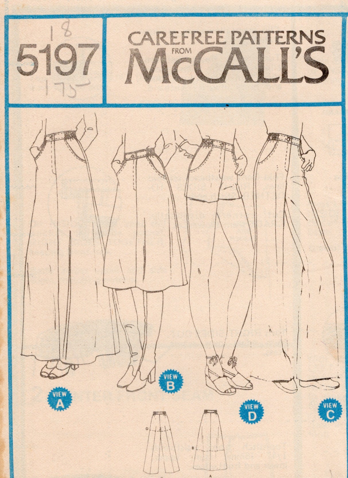 1970's McCall's Pants, Shorts or Skirt in Two Lengths Pattern - Waist 24-32" - no. 5197