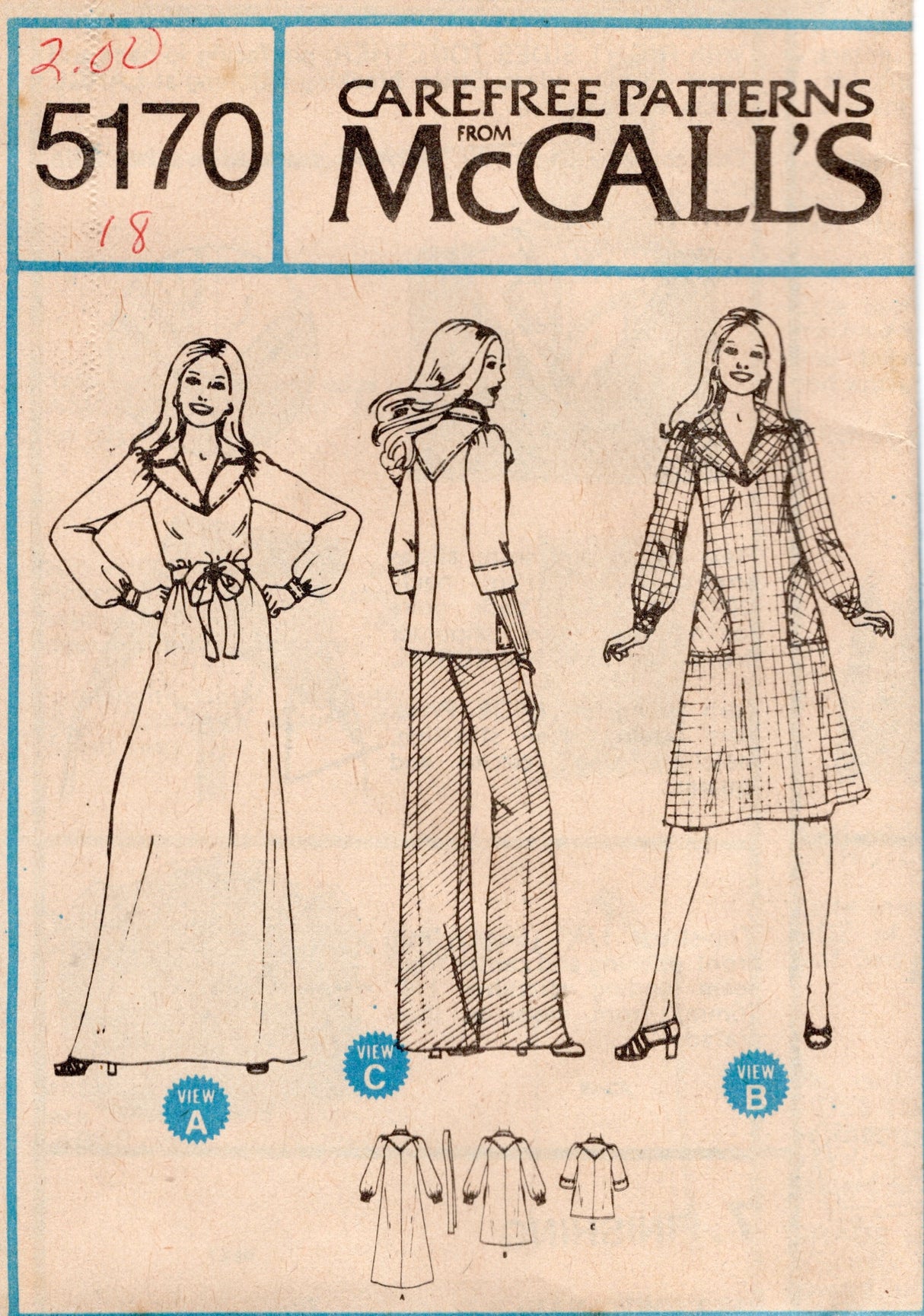 1970's McCall's Marlo's Corner Yoked Dress in Three Lengths Pattern - Bust 31.5-40" - no. 5170