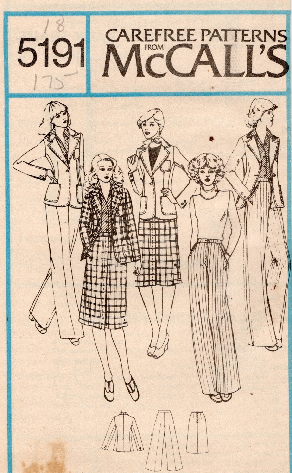 1970's McCall's Marlo's Corner Unlined Jacket, Skirt and Pants Pattern - Bust 31.5-40" - no. 5191