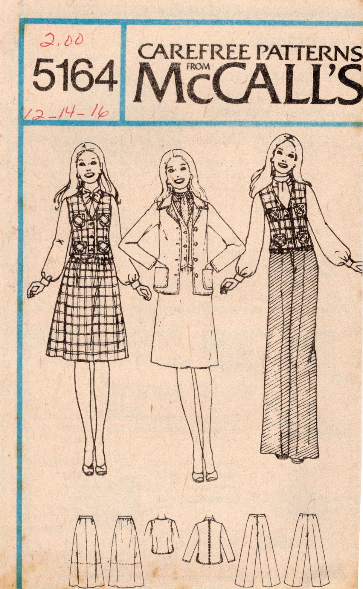 1970's McCall's Marlo's Corner Unlined Jacket, Vest, Pants and Skirt Pattern - Bust 30.5-38" - no. 5164