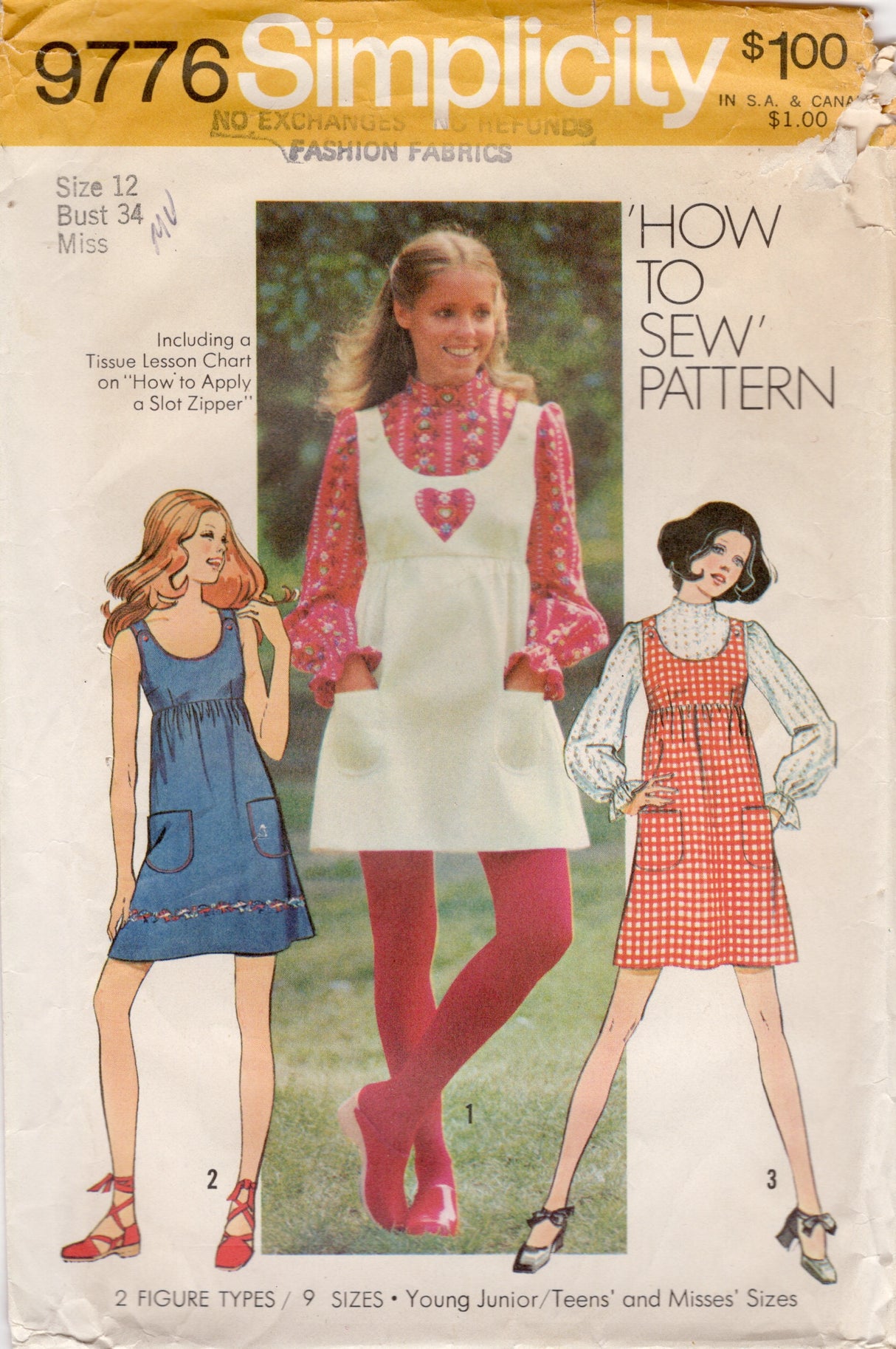 1970's Simplicity Jumper Dress and Blouse Pattern with Heart Applique - Bust 34" - No. 9776