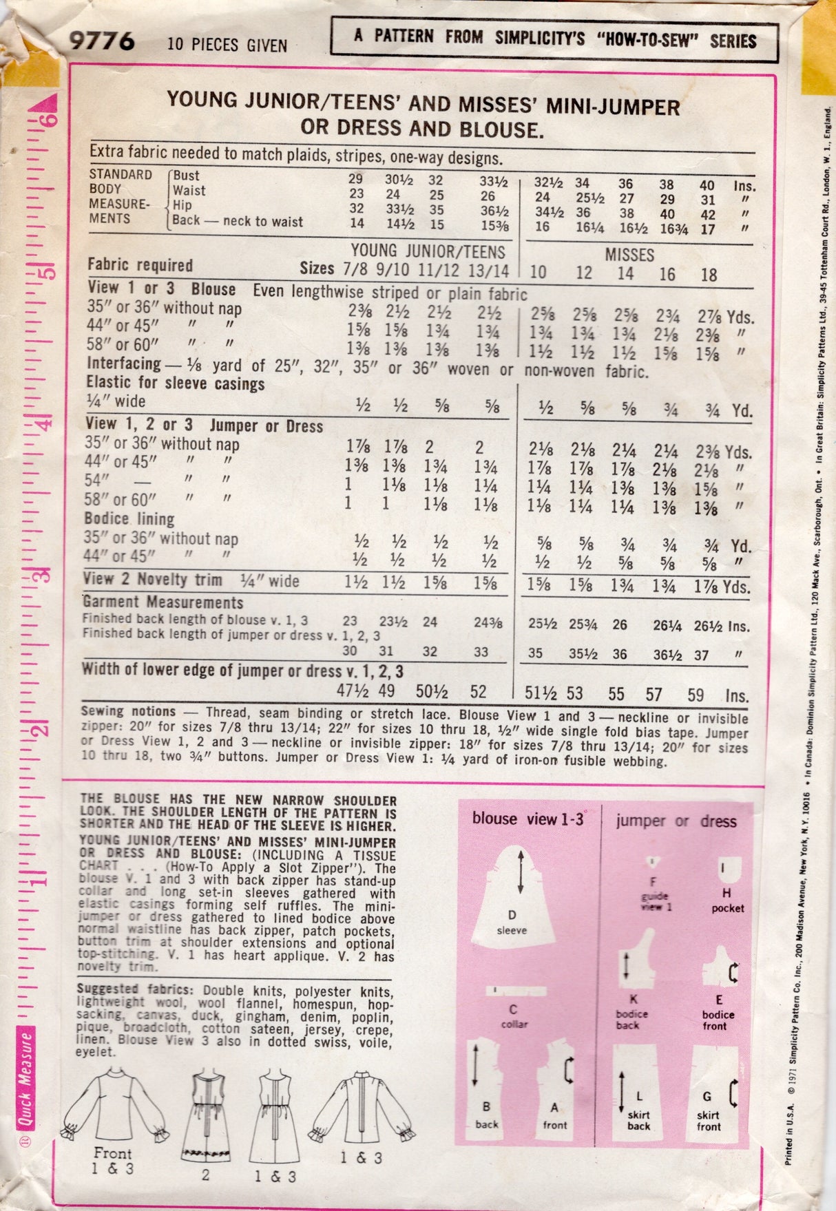 1970's Simplicity Jumper Dress and Blouse Pattern with Heart Applique - Bust 34" - No. 9776