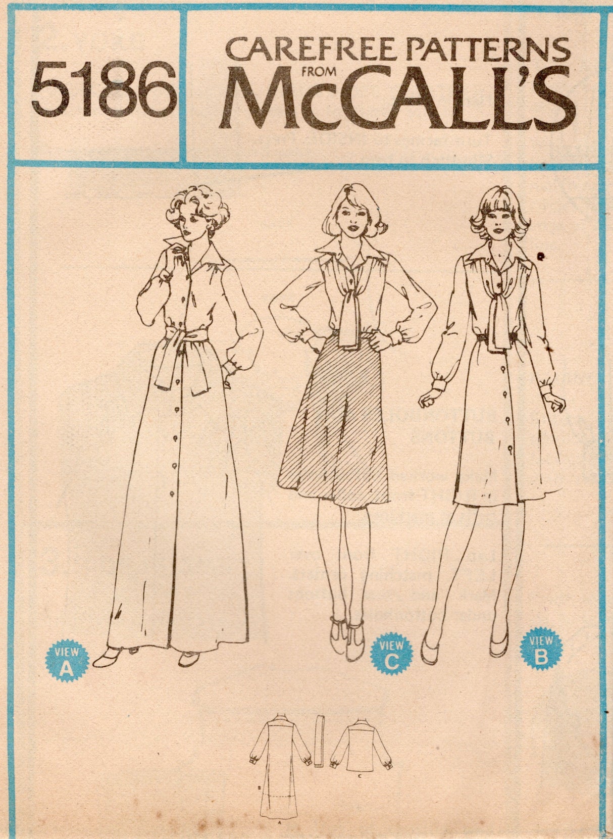 1970's McCall's Button Up Shirt or Dress and Scarf pattern - Bust 32.5-36" - No. 5186