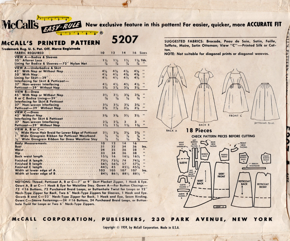1950's McCall's Boat Neckline Wedding Dress Pattern in 3 Lengths with Raglan Sleeves - Bust 32" - No. 9198