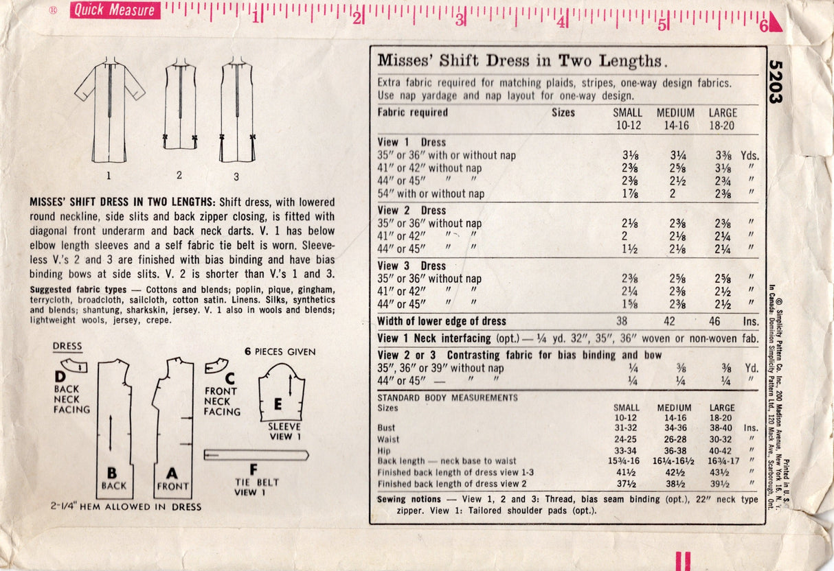 1960's Simplicity Shift Dress Pattern with or without Sleeves - Bust 34-36" - No. 5203