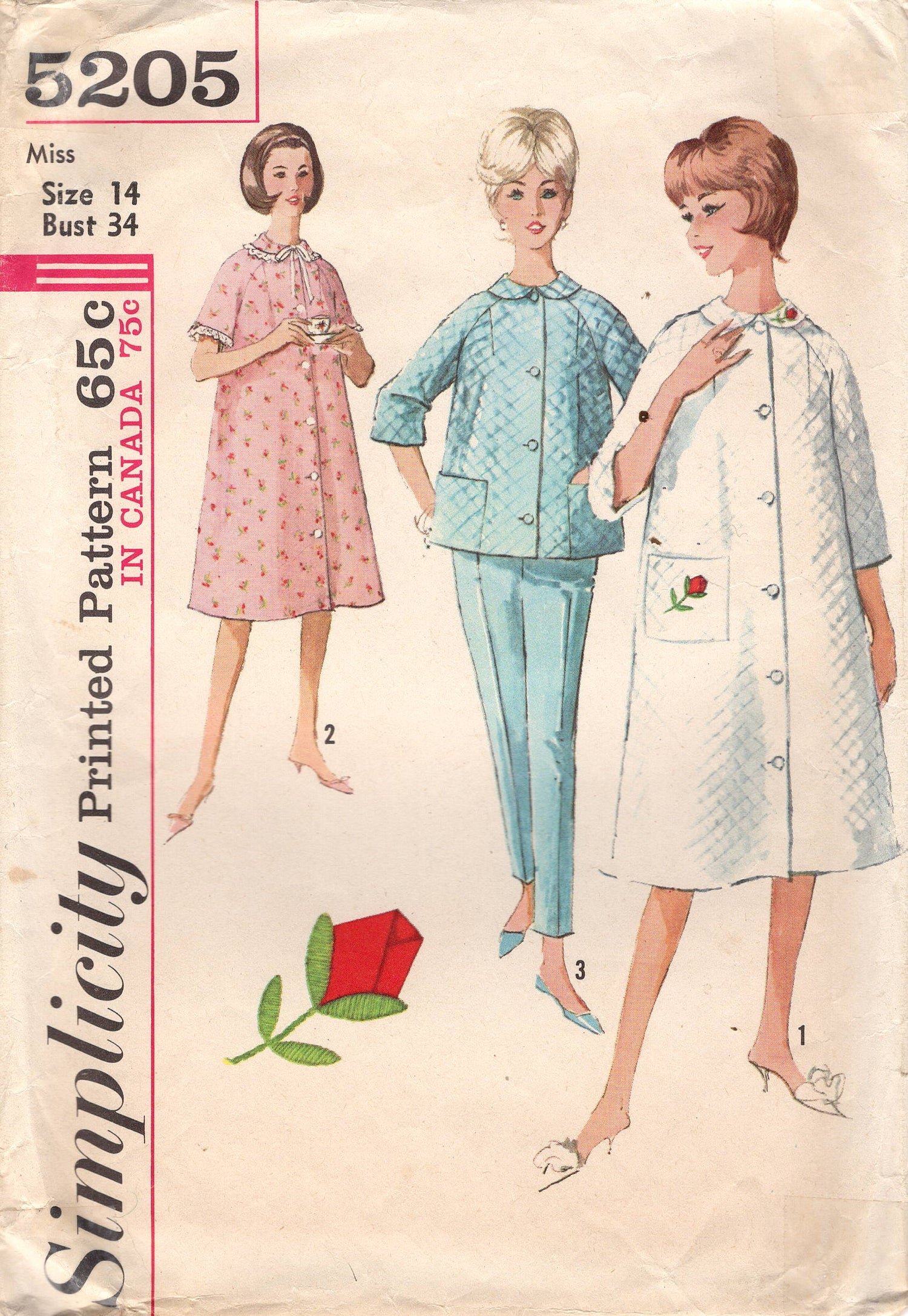 1960's Simplicity Robe and Two Piece Pajama Pattern - Bust 34" - No. 5205