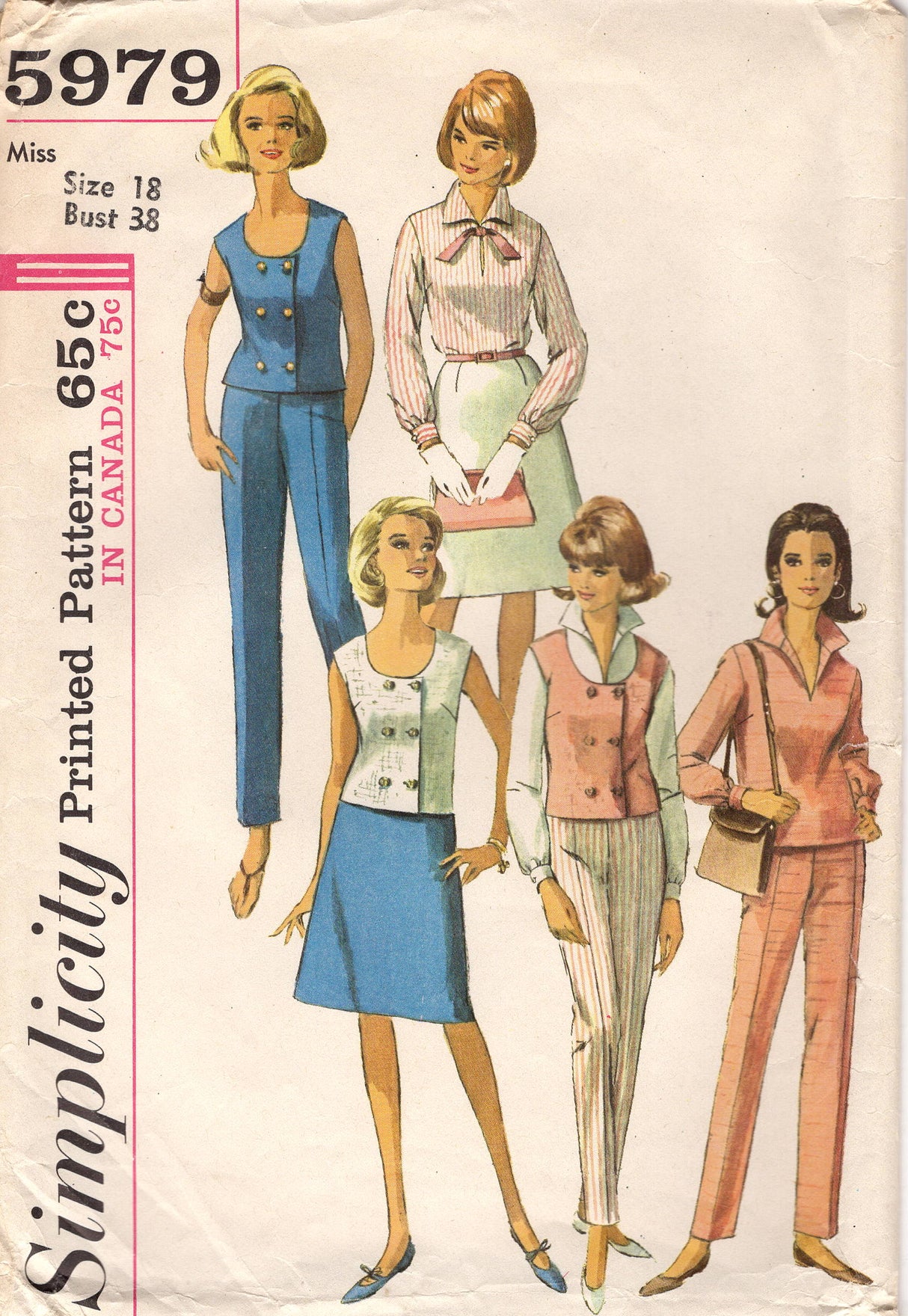 1960's Simplicity Weskit, Blouse, Skirt and Cigarette Pants Pattern - Bust 38" - No. 5979