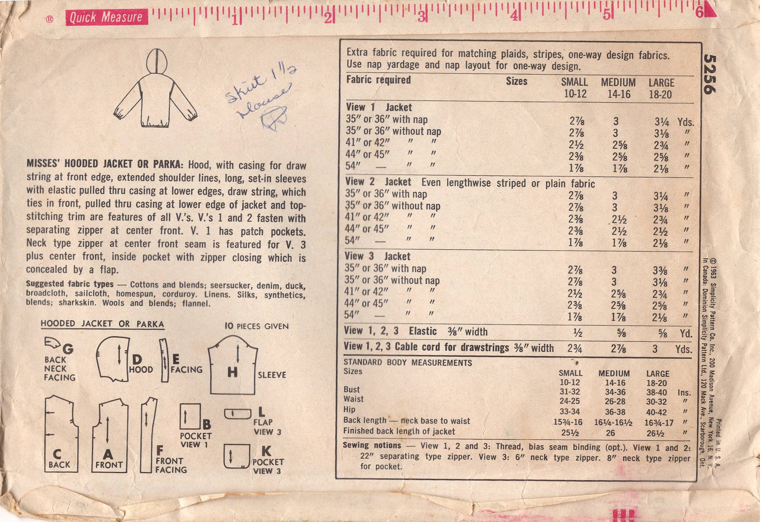 1960's Simplicity Hooded Jacket or Parka Pattern - Bust 34-36" - No. 5256