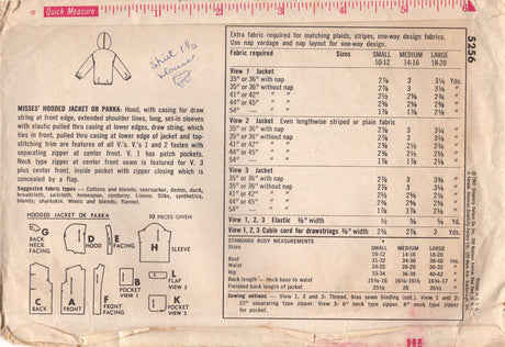 1960's Simplicity Hooded Jacket or Parka Pattern - Bust 34-36" - No. 5256